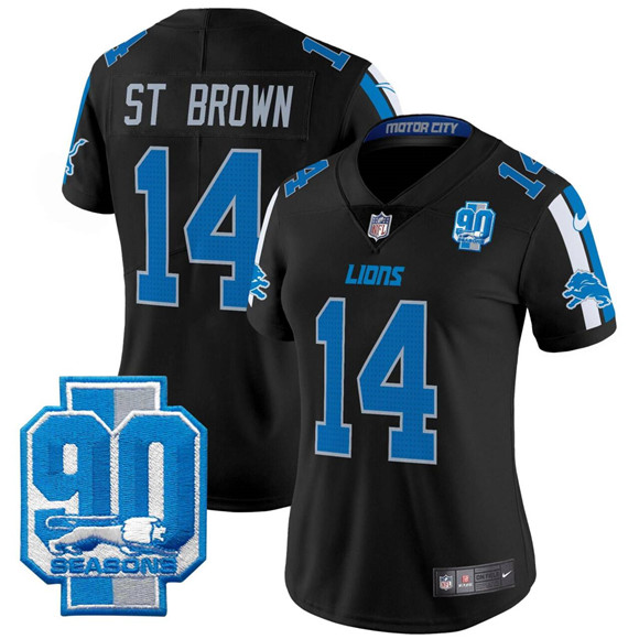 Women's Detroit Lions #14 Amon-Ra St. Brown Black 2025 90th Year Patch Vapor Limited Stitched Football Jersey(Run Small) Women's Detroit Lions #14 Amon-Ra St. Brown Black 2025 90th Year Patch Vapor Limited Stitched Football Jersey(Run Small)