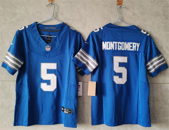 Women's Detroit Lions #5 David Montgomery Blue 2024 F.U.S.E. Vapor Limited Stitched Jersey(Run Smaller) Women's Detroit Lions #5 David Montgomery Blue 2024 F.U.S.E. Vapor Limited Stitched Jersey(Run Smaller)