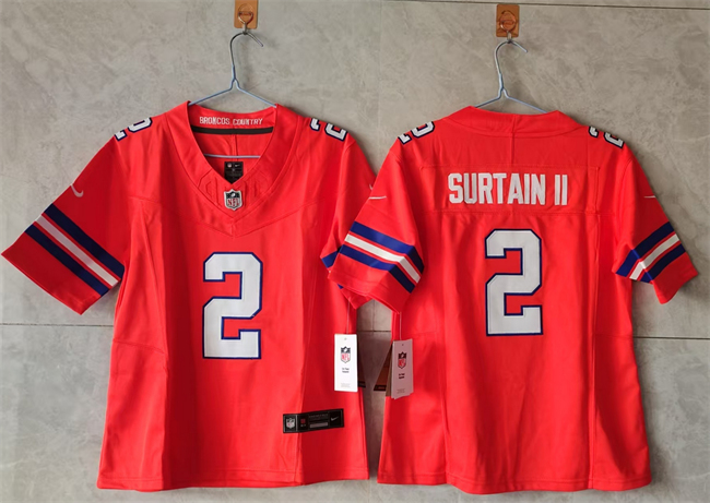 Women's Denver Broncos #2 Pat Surtain II Orange 2024 Throwback F.U.S.E Throwback Stitched Jersey(Run Small) Women's Denver Broncos #2 Pat Surtain II Orange 2024 Throwback F.U.S.E Throwback Stitched Jersey(Run Small)