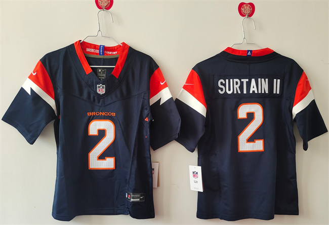 Women's Denver Broncos #2 Pat Surtain II Navy 2024 F.U.S.E Throwback Stitched Jersey(Run Small) Women's Denver Broncos #2 Pat Surtain II Navy 2024 F.U.S.E Throwback Stitched Jersey(Run Small)