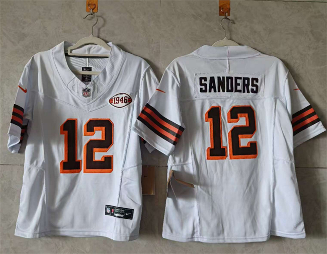 Women's Cleveland Browns #12 Shedeur Sanders White 2025 Draft 1946 Collection F.U.S.E. Stitched Jersey(Run Small) Women's Cleveland Browns #12 Shedeur Sanders White 2025 Draft 1946 Collection F.U.S.E. Stitched Jersey(Run Small)