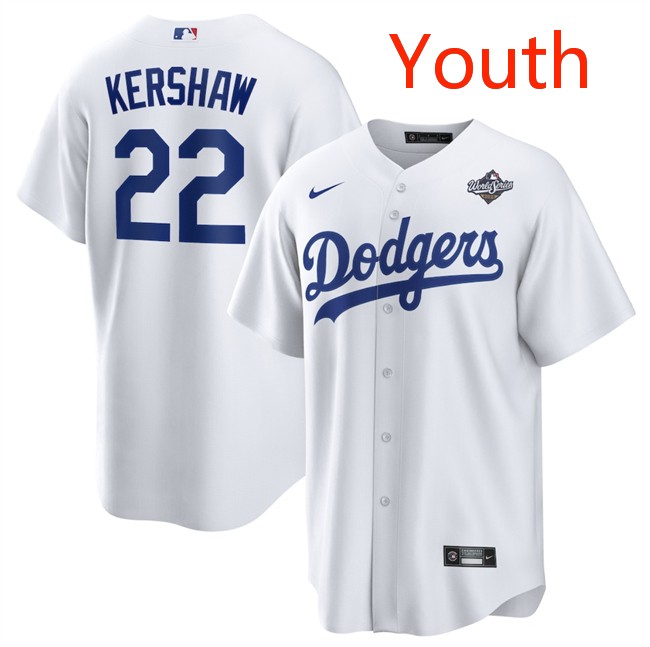 Youth Los Angeles Dodgers #22 Clayton Kershaw White 2025 World Series Home Cool Base Stitched Baseball Jersey