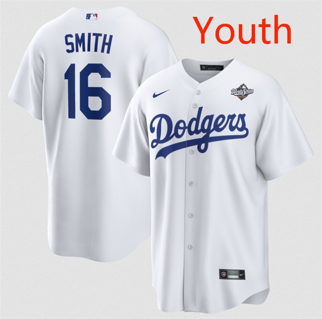 Youth Los Angeles Dodgers #16 Will Smith White 2025 World Series Home Cool Base Stitched Baseball Jersey
