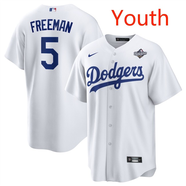 Youth Los Angeles Dodgers #5 Freddie Freeman White 2025 World Series Home Cool Base Stitched Baseball Jersey