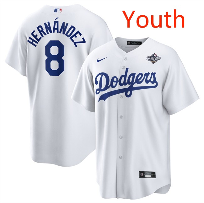 Youth Los Angeles Dodgers #8 Enrique Hernández White 2025 World Series Home Cool Base Stitched Baseball Jersey
