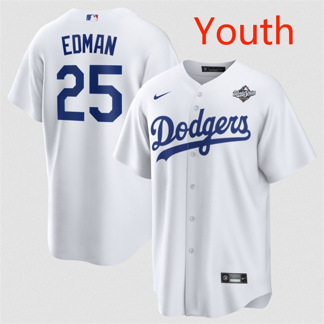 Youth Los Angeles Dodgers #25 Tommy Edman White 2025 World Series Home Cool Base Stitched Baseball Jersey