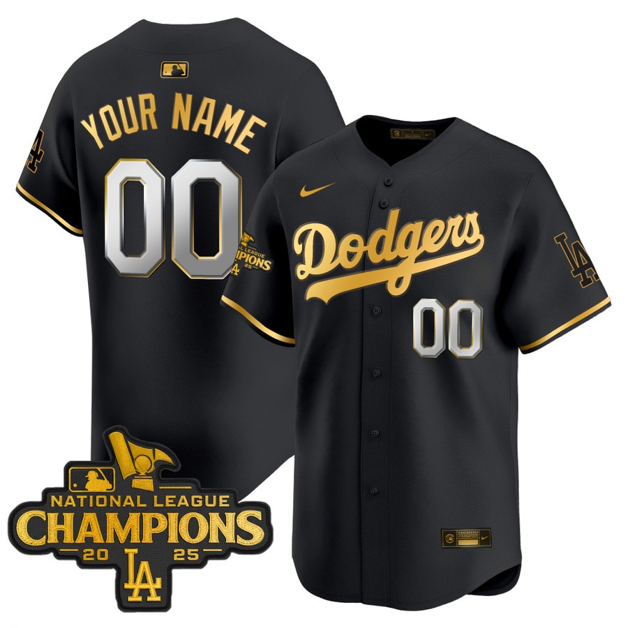 Men's Dodgers 2025 National Custom League Champions Limited Stitched Jersey Black Gold Men's Dodgers 2025 National Custom League Champions Limited Stitched Jersey Black Gold