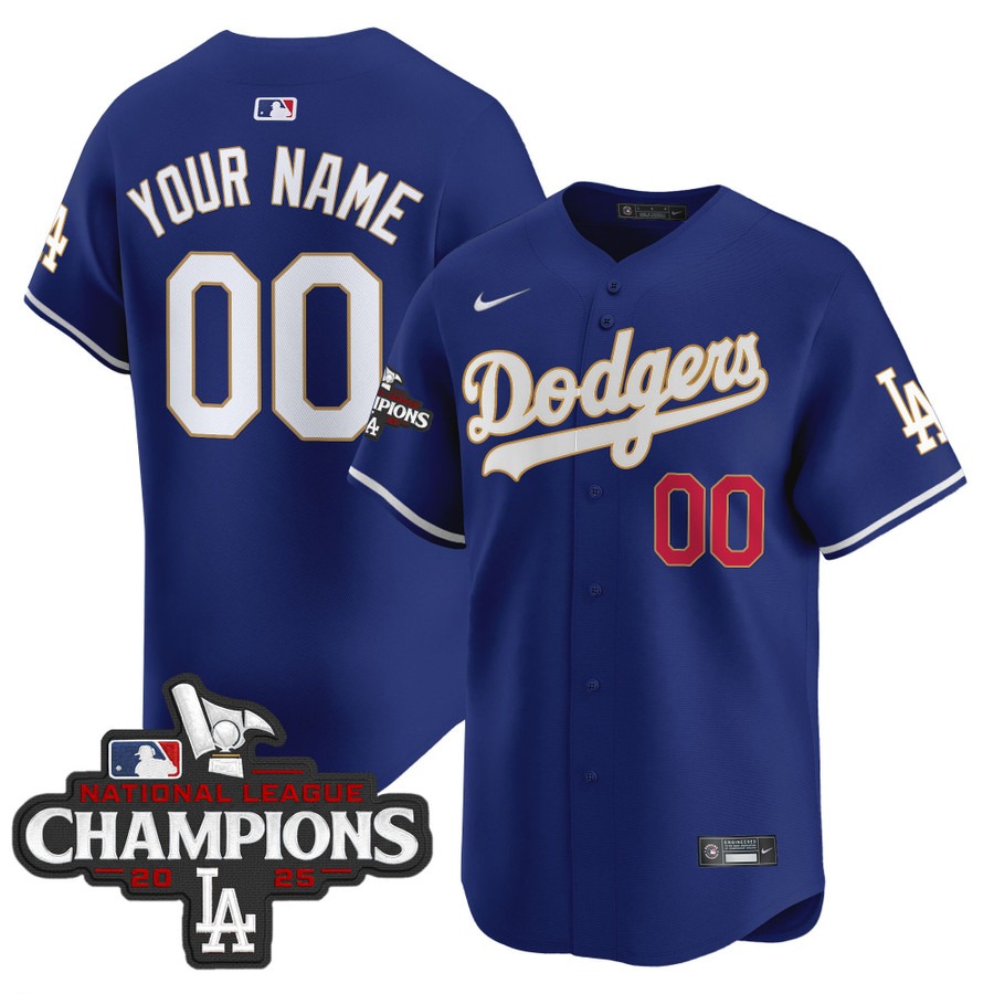 Men's Dodgers Custom Royal Gold Trim 2025 National Custom League Champions Limited Stitched Jersey Men's Dodgers Custom Royal Gold Trim 2025 National Custom League Champions Limited Stitched Jersey