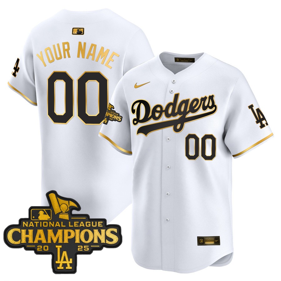Men's Dodgers 2025 National Custom League Champions Limited Stitched Jersey White Gold Men's Dodgers 2025 National Custom League Champions Limited Stitched Jersey White Gold