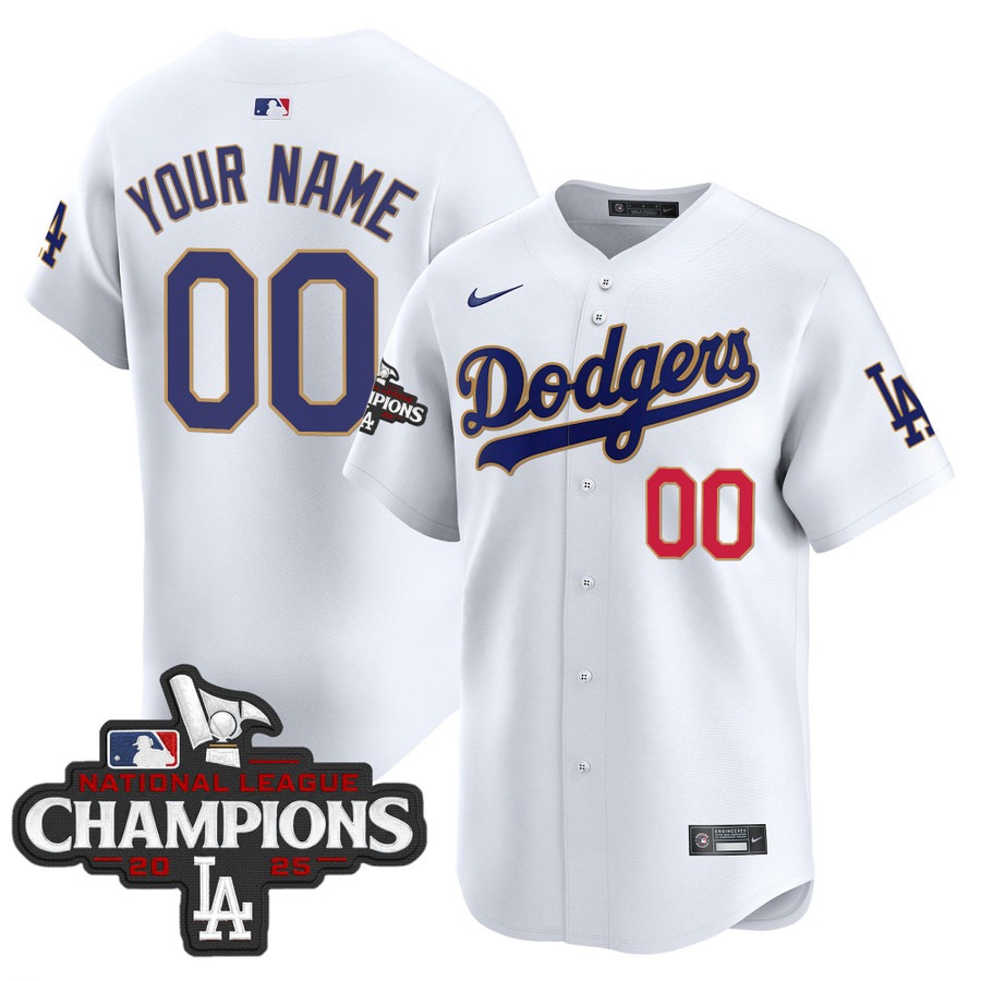 Men's Dodgers Custom White Gold Trim 2025 National Custom League Champions Limited Stitched Jersey Men's Dodgers Custom White Gold Trim 2025 National Custom League Champions Limited Stitched Jersey