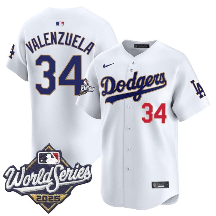 Men's Nike LA Dodgers #34 Fernando Valenzuela 2025 World Series Gold Trim Limited Stitched MLB Jersey White