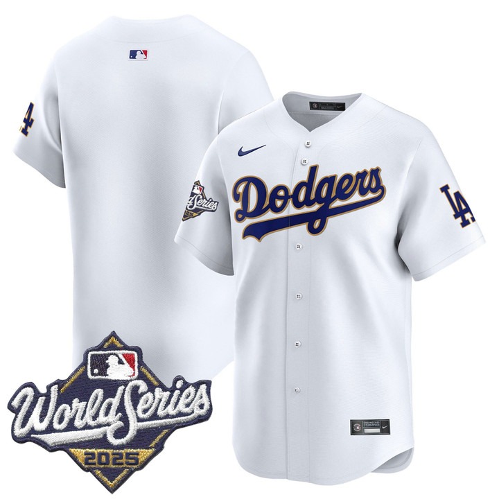 Men's Nike LA Dodgers Blank 2025 World Series Gold Trim Limited Stitched MLB Jersey White