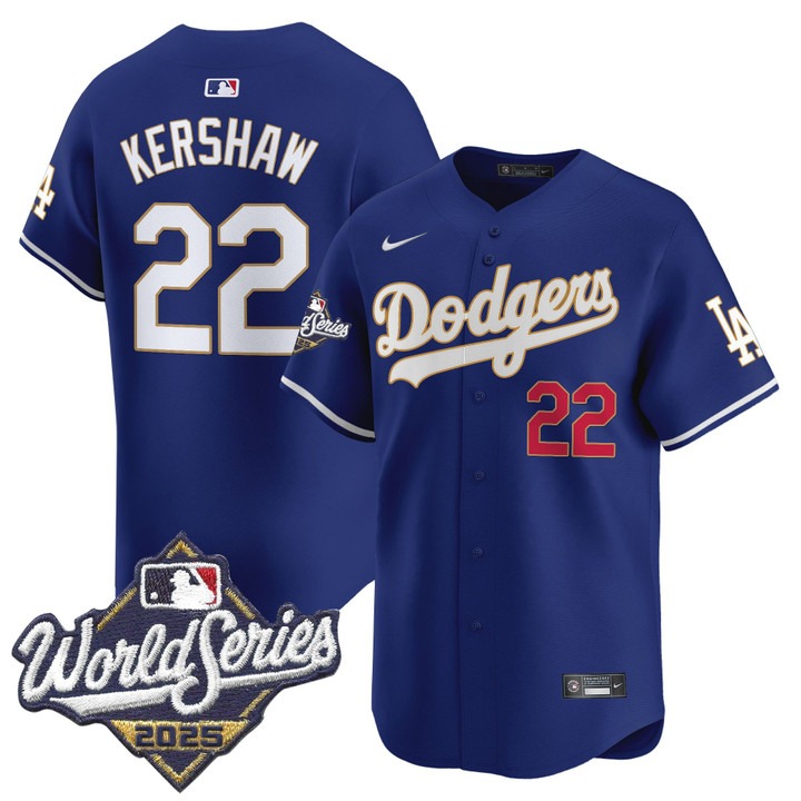 Men's Nike Dodgers #22 Clayton Kershaw 2025 World Series Gold Trim Limited Stitched MLB Jersey Royal