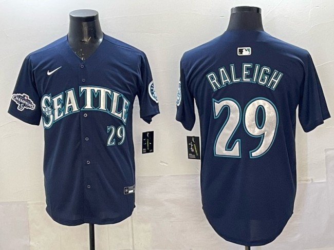Men's Seattle Mariners #29 Cal Raleigh Navy 2025 AL West Division Champions Patch Limited Stitched Baseball Jersey