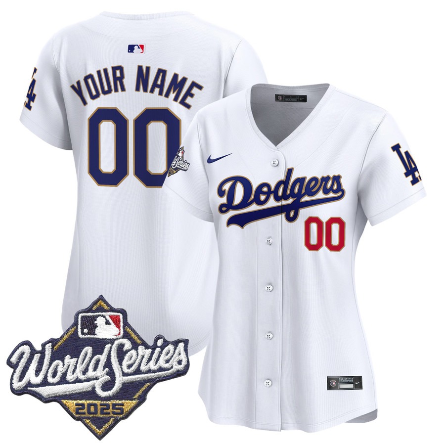 Women's Dodgers 2025 World Series Gold Trim Limited Custom Stitched Jersey - White Women's Dodgers 2025 World Series Gold Trim Limited Custom Stitched Jersey - White