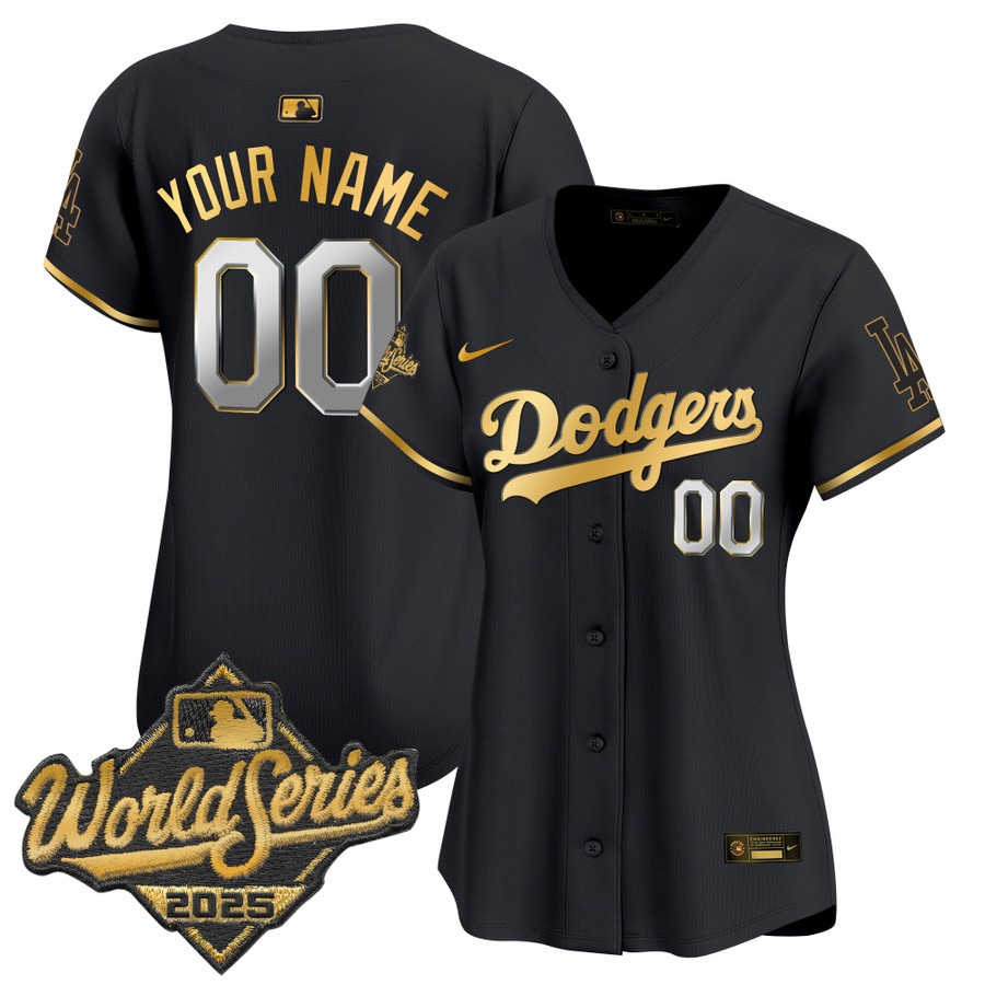 Women's Dodgers 2025 World Series Gold Trim Limited Custom Stitched Jersey - Black Gold Women's Dodgers 2025 World Series Gold Trim Limited Custom Stitched Jersey - Black Gold