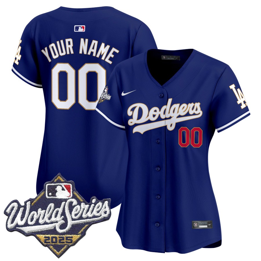Women's Dodgers 2025 World Series Gold Trim Limited Custom Stitched Jersey - Royal Women's Dodgers 2025 World Series Gold Trim Limited Custom Stitched Jersey - Royal