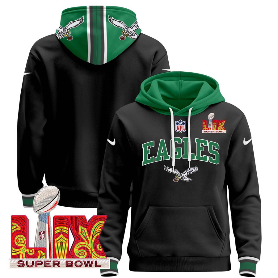 Men's Philadelphia Eagles Nike Black Stitched Pullover Hoodie - With Super Bowl LVIII 58 Patch Men's Philadelphia Eagles Nike Black Stitched Pullover Hoodie - With Super Bowl LVIII 58 Patch