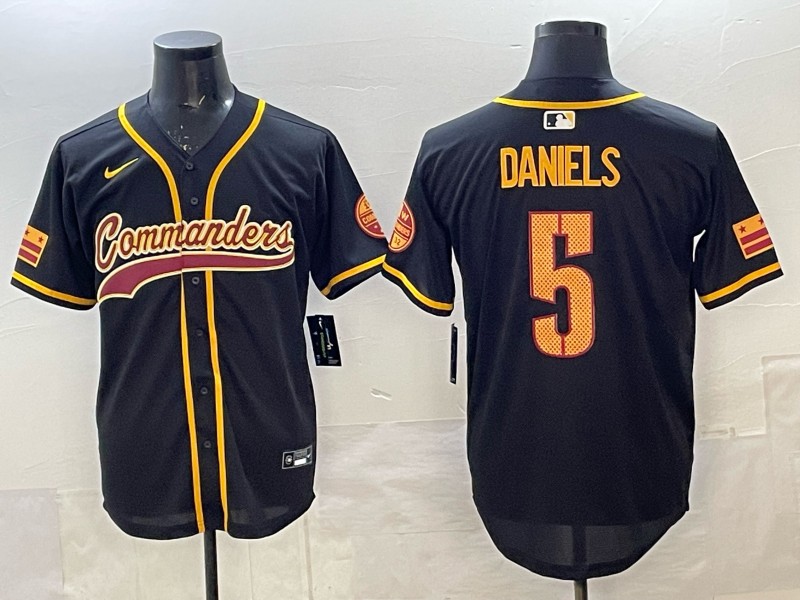 Men's Washington Commanders #5 Jayden Daniels Black Limited Stitched Baseball Jersey Men's Washington Commanders #5 Jayden Daniels Black Limited Stitched Baseball Jersey