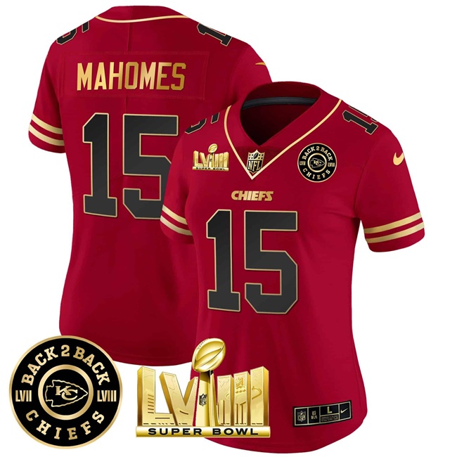 Women's Kansas City Chiefs #15 Patrick Mahomes Red Super Bowl LVIII With Back 2 Back Patch Vapor Untouchable Limited Stitched Football Jersey(Run Small) Women's Kansas City Chiefs #15 Patrick Mahomes Red Super Bowl LVIII With Back 2 Back Patch Vapor Untouchable Limited Stitched Football Jersey(Run Small)