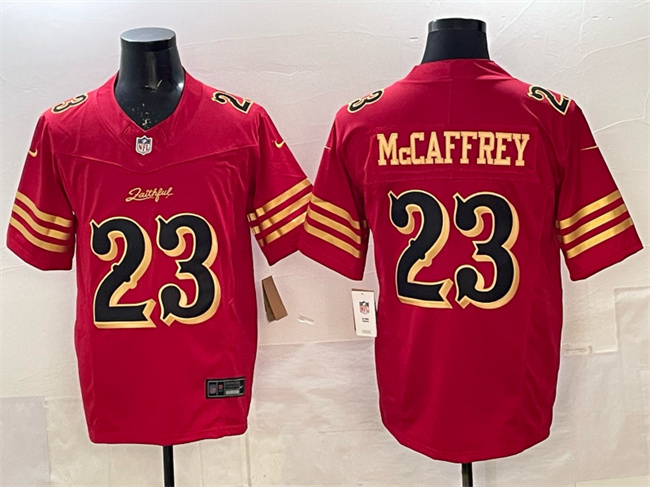 Men's San Francisco 49ers #23 Christian McCaffrey Red Gold 2025 F.U.S.E. “Rivalries” Vapor Limited Stitched Football Jersey Men's San Francisco 49ers #23 Christian McCaffrey Red Gold 2025 F.U.S.E. “Rivalries” Vapor Limited Stitched Football Jersey