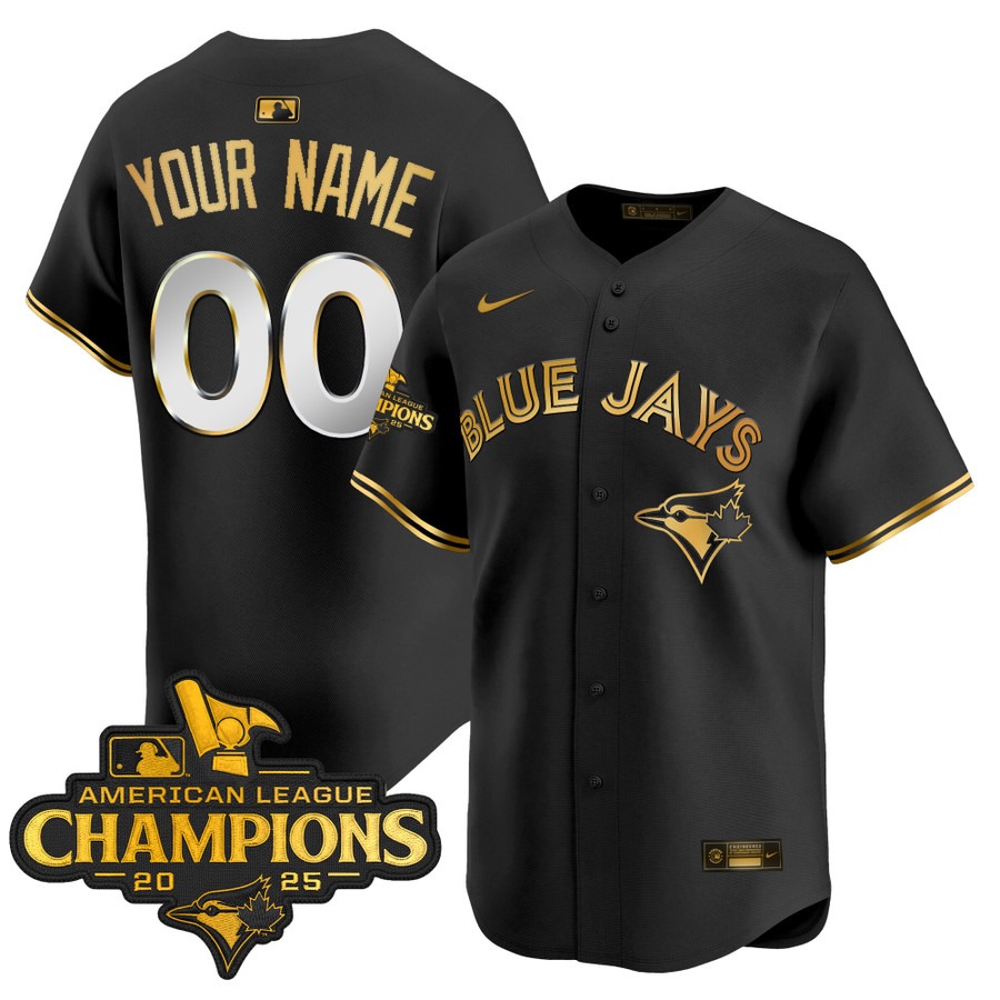 Men's Toronto Blue Jays Custom Black Gold 2025 American League Champions  Limited Stitched Jersey