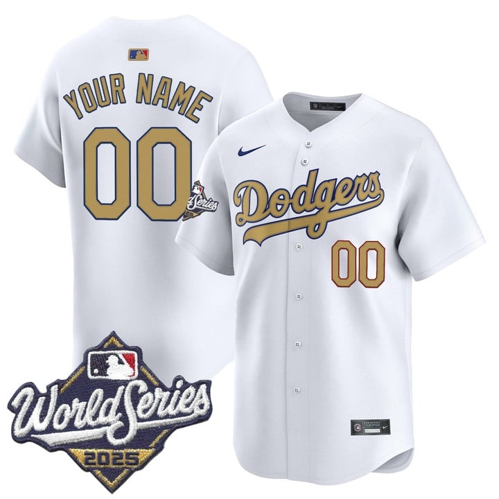 Men's Dodgers Custom 2025 World Series White Gold Nike Limited Stitched Jersey