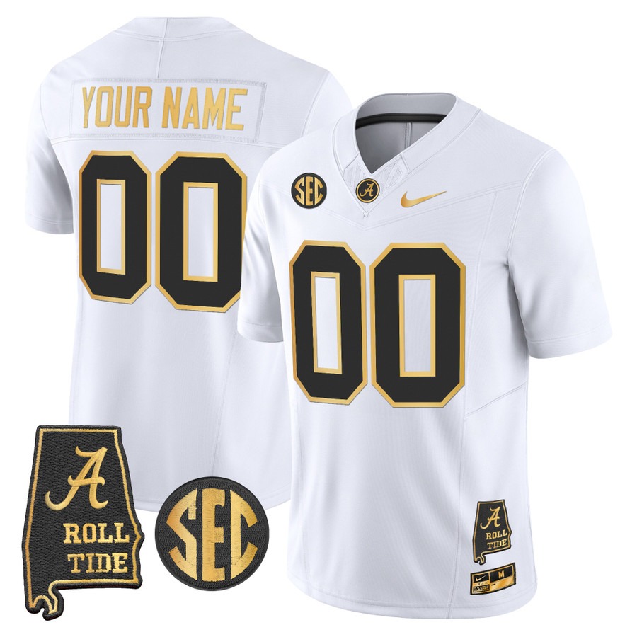 Men's Alabama Crimson Tide Custom 2025 White Gold F.U.S.E. Vapor Limited Stitched Jersey - Alabama Map