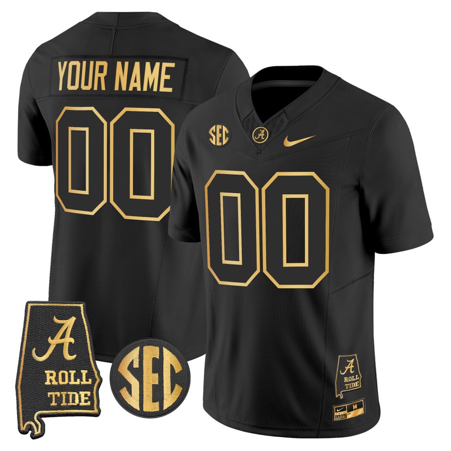 Men's Alabama Crimson Tide Custom 2025 Black Gold F.U.S.E. Vapor Limited Stitched Jersey - Alabama Map