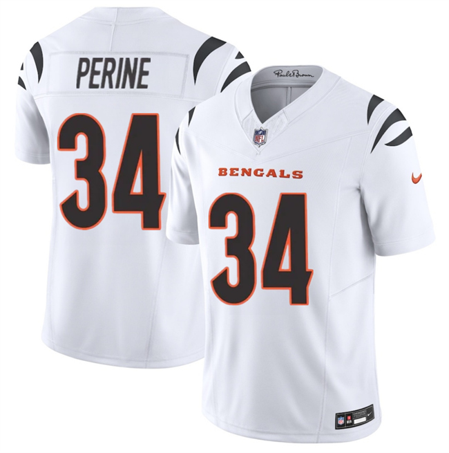 Men's Cincinnati Bengals #34 Samaje Perine White 2025 F.U.S.E. Vapor Untouchable Limited Stitched Football Jersey Men's Cincinnati Bengals #34 Samaje Perine White 2025 F.U.S.E. Vapor Untouchable Limited Stitched Football Jersey