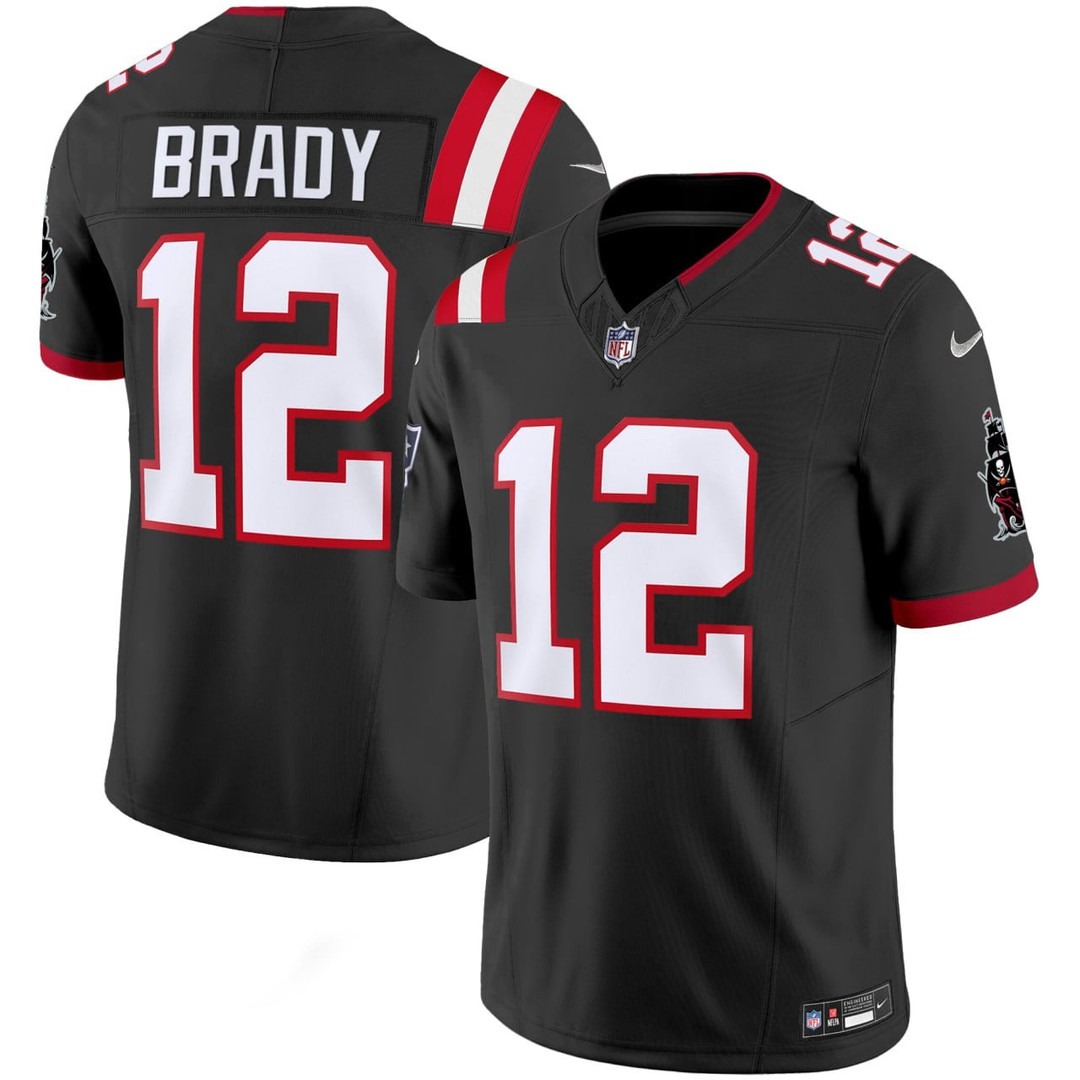 Men's Nike Buccaneers & Patriots #12 Tom Brady Black Split 2025 F.U.S.E. Vapor Limited Stitched Football Jersey