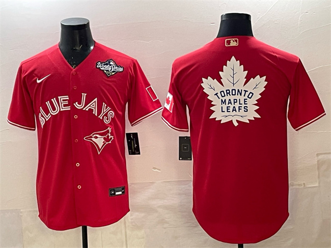 Men's Toronto Blue Jays & Leafs Red 2025 World Series With White Maple Leafs Logo Cool Base Stitched Baseball Jersey