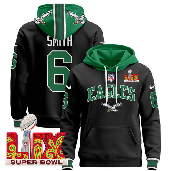 Men's Philadelphia Eagles #6 DeVonta Smith Black 2025 Super Bowl LIX Patch Pullover Stitched Hoodie