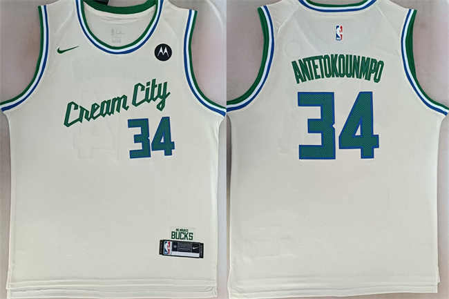 Men's Milwaukee Bucks #34 Giannis Antetokounmpo Cream 2024-25 City Edition Stitched Basketball Jersey