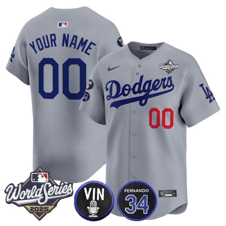 Men's Dodgers Custom Gray 2025 World Series Vapor Premier Limited Stitched Jersey - Vin Scully & Fernando Patch