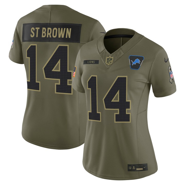 Women's Detroit Lions #14 Amon-Ra St. Brown Olive F.U.S.E. 2025 Salute to Service Vapor Limited Stitched Jersey