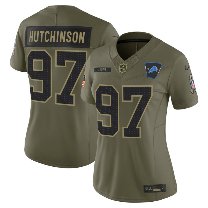 Women's Detroit Lions #97 Aidan Hutchinson Olive F.U.S.E. 2025 Salute to Service Vapor Limited Stitched Jersey