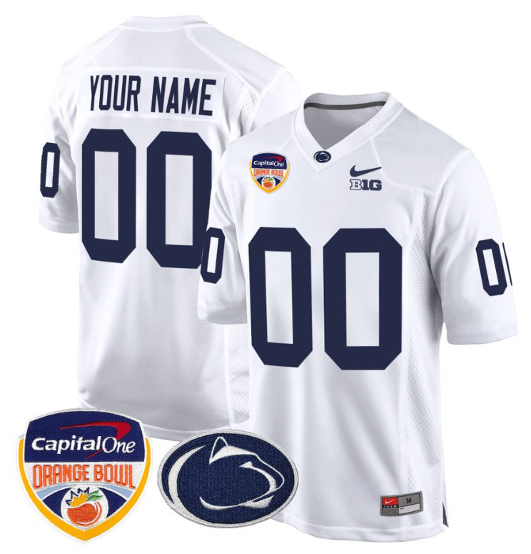 Men's Active Player Custom Penn State Jersey Name Number Orange Bowl Patch Football White