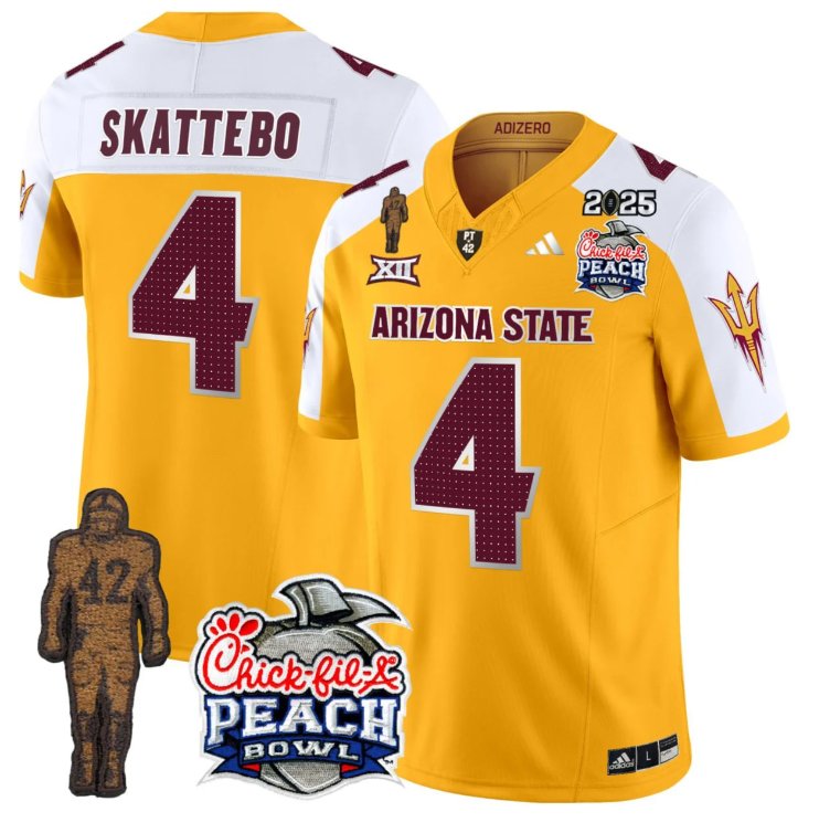 Men's Cam Skattebo Jersey #4 Sun Devils Pat Tillman & Peach Bowl Patch 2025 Patch Gold