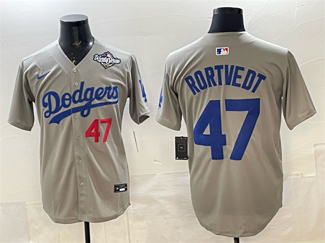 Men's Los Angeles Dodgers #47 Ben Rortvedt Grey 2025 World Series Patch Limited Stitched Baseball Jersey
