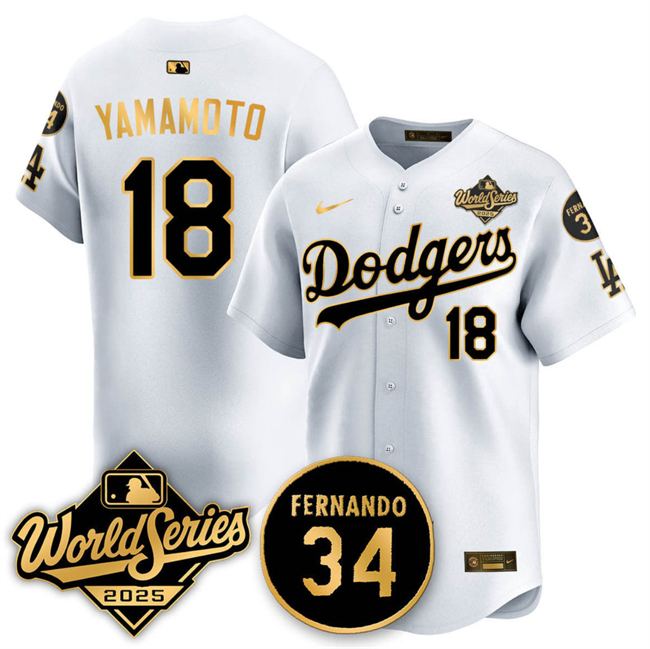 Men's Los Angeles Dodgers #18 Yoshinobu Yamamoto White Gold 2025 World Series With No.34 Patch Limited Stitched Baseball Jersey