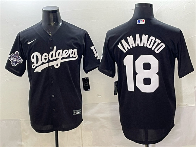 Men's Los Angeles Dodgers #18 Yoshinobu Yamamoto Black 2025 World Series Champions Patch Cool Base Stitched Baseball Jersey