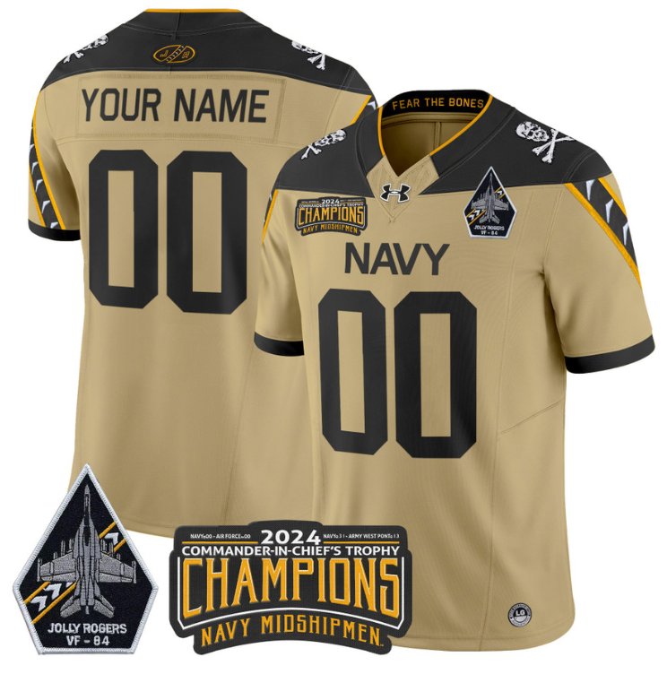 Men's Navy Midshipmen ACTIVE PLAYER Custom 2024 Jolly Rogers Champions Patch Gold Stitched Jersey