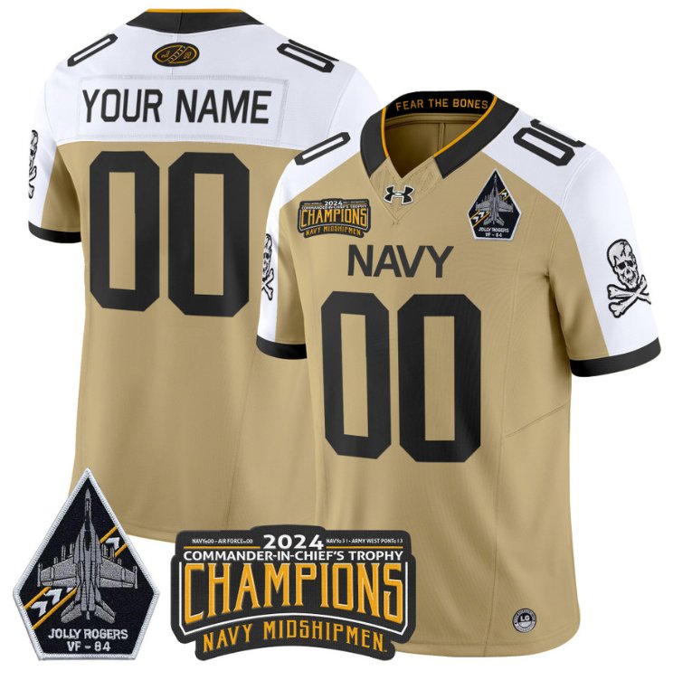 Men's Navy Midshipmen ACTIVE PLAYER Custom 2024 Jolly Rogers Champions Patch Gold Alternate Stitched Jersey