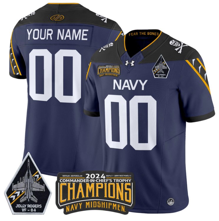 Men's Navy Midshipmen ACTIVE PLAYER Custom 2024 Jolly Rogers Champions Patch Navy Stitched Jersey