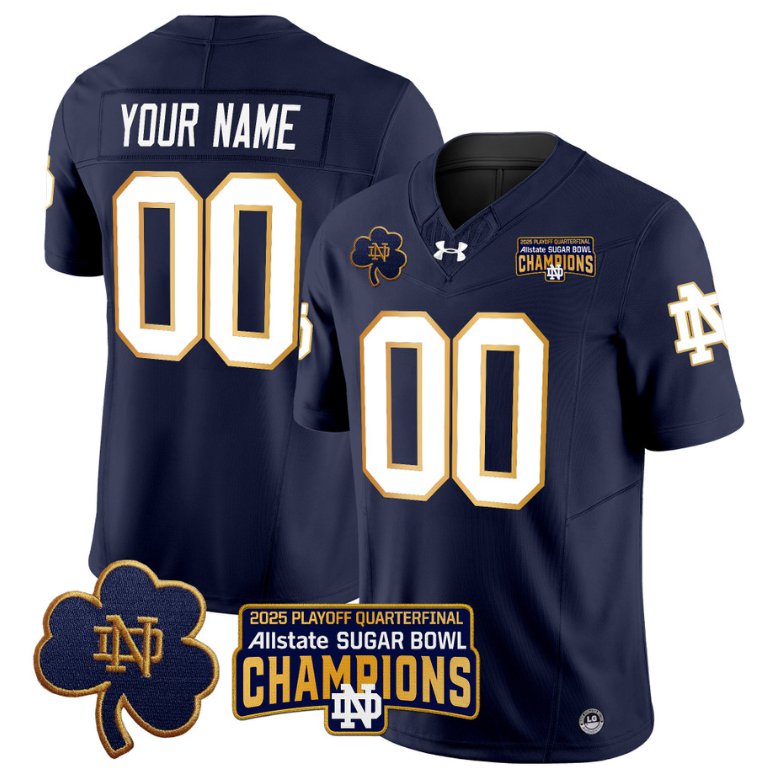 Men's Notre Dame ACTIVE PLAYER Custom 2025 Playoff Sugar Bowl Champions Patch Navy Stitched Jersey