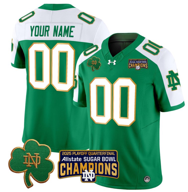 Men's Notre Dame ACTIVE PLAYER Custom 2025 Playoff Sugar Bowl Champions Green Alternate Stitched Jersey