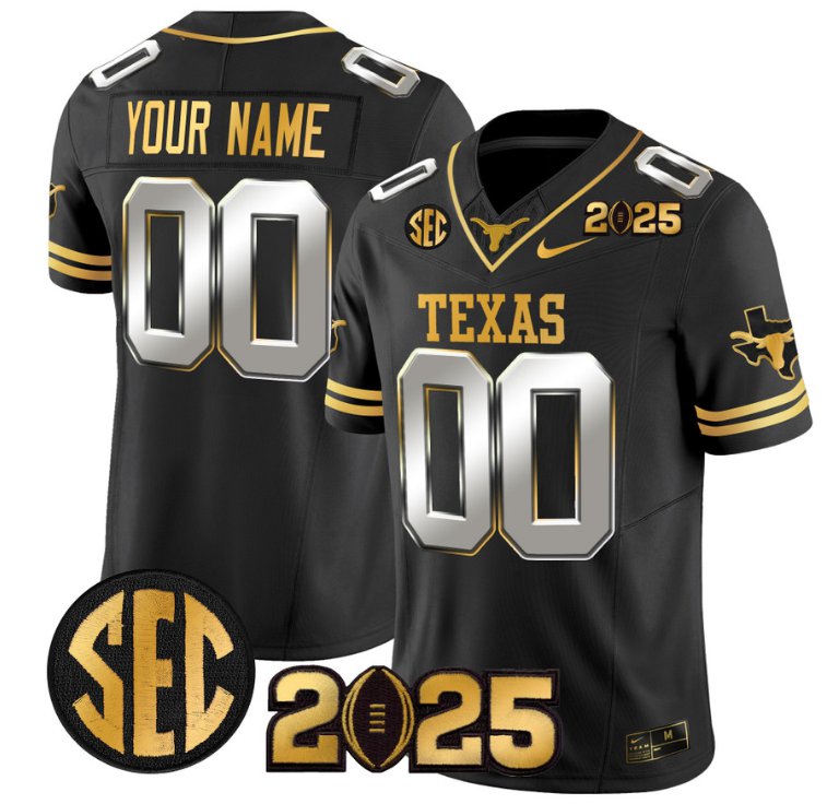 Men's Texas Longhorns ACTIVE PLAYER Custom 2025 CFP Final Gold Patch Stitched Black Limited Jersey