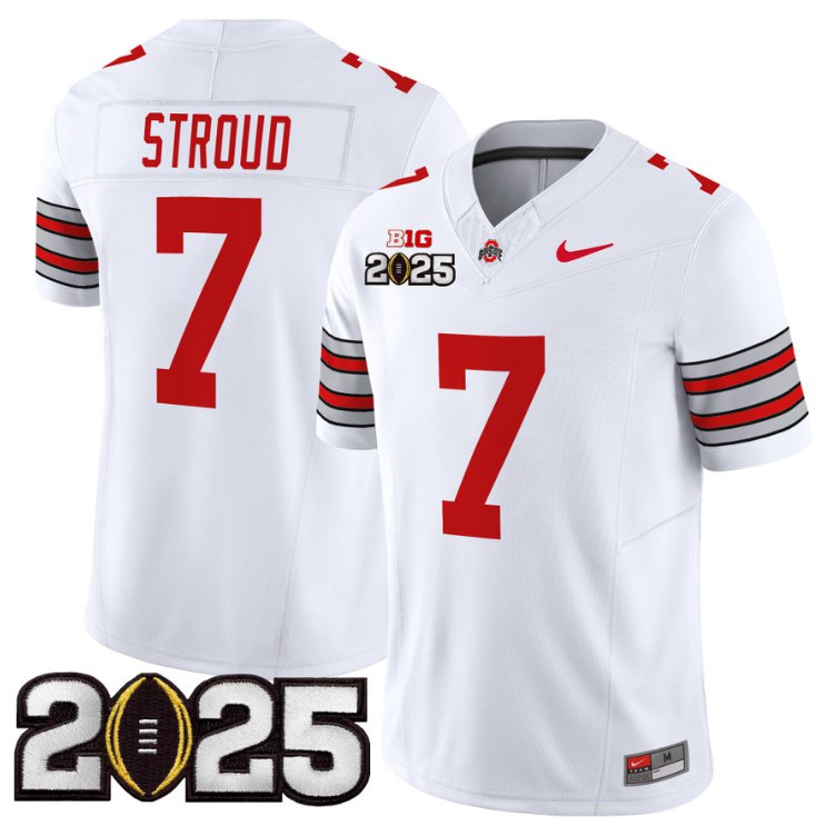 Men's Ohio State Buckeyes #7 CJ Stroud White F.U.S.E. 'Heritage Stripe' 2025 CFP Final Patch Limited Stitched Jersey