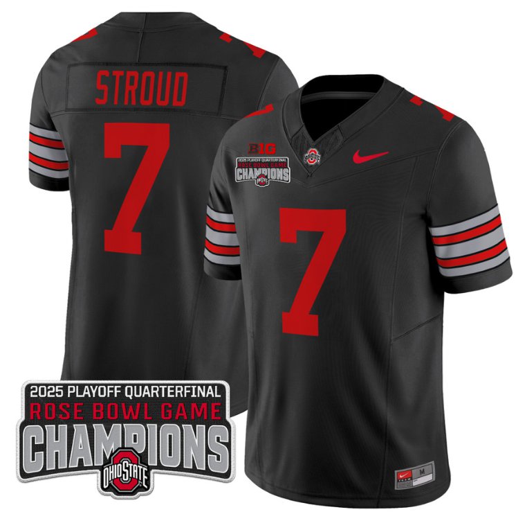 Men's Ohio State Buckeyes #7 CJ Stroud F.U.S.E. 2025 Rose Bowl Champions Patch Black Vapor Limited Stitched Jersey